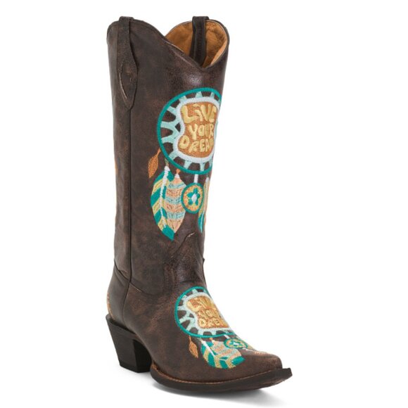TANNER MARK Brown Made In Mexico Leather Live Your Dream Snip Toe Western Boots - Picture 1 of 2
